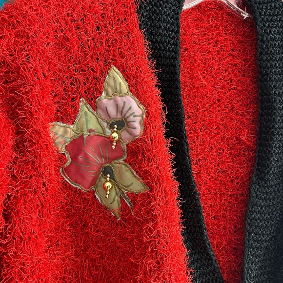 Vintage 80s 90s Red and Black Christmas Floral Patch Teddy Pullover Sweater XXL - Picture 8 of 16